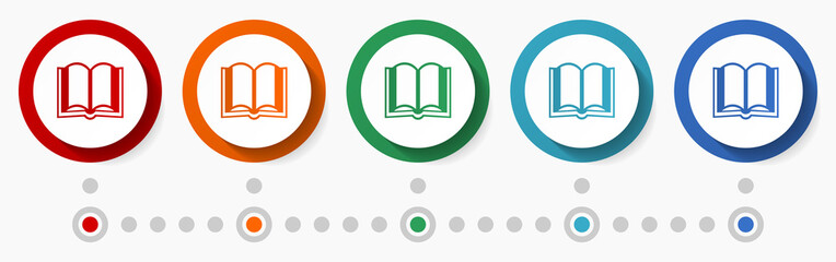 Leinwandbilder - Book, education concept vector icon set,flat design colorful buttons, infographic template in 5 color options