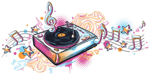 Canvas Print - Turntable with graffiti arrows and musical notes, colorful funky music design