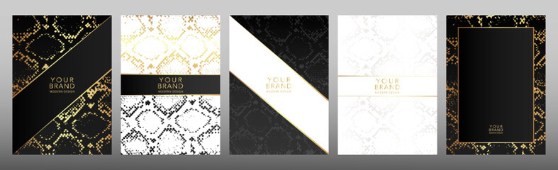 Modern cover design set frame. Luxurious gold and white python print. Abstract snake skin pattern on black background. Collection of vector premium safari print for brochure, template, restaurant menu