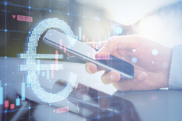 Poster - Close up of hands using tablet/smartphone with abstract glowing growing forex chart with euro sign on blurry background. Trade, finance and economy concept. Double exposure.