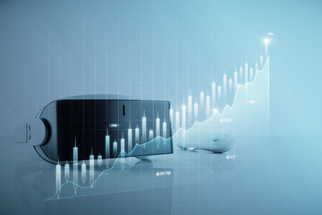 Aufkleber - Close up of VR glasses on desktop with abstract glowing business chart on blurry background. Trade, virtual reality, ai, metaverse, finance and economy concept. Double exposure.