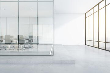 Poster - Bright glass office interior with city view, daylight, furniture and concrete flooring and mockup place on wall. Workplace concept. 3D Rendering.