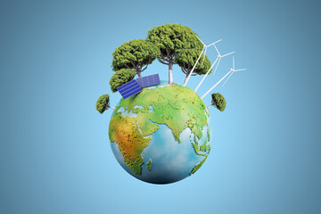 Poster - Creative globe with trees and solar panels on blue background. Energy and sustainable concept. 3D Rendering.