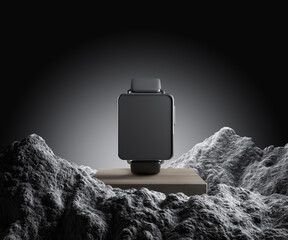 Poster - Empty digital watch on creative pedestal with rock mountain on grey background with mock up place. Presentation concept. 3D Rendering.