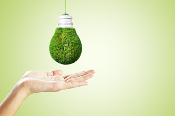 Aufkleber - Close up of female hand holding abstract green grass light bulb on yellow wall background with mock up place. Eco concept and energy concept.
