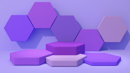 Poster - purple hexagon mock up to place product samples. on a pastel light purple background,3d rendering