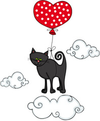 Sticker - Funny black cat flying tied to red heart balloon with clouds