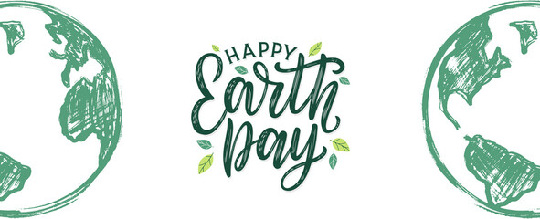 Happy Earth Day hand-sketched web banner. Earth day lettering decorated by leaves and drawing of planet Earth. Eco and environment activism vector concept