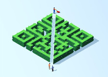 Isometric Vector. Qr Code In The Form Of A Hedge In 3d. The Lawn Mower Has Mowed Down The Passage In The Maze. The Concept Of An Easy Way Or A Simple Solution. Poster Against Qr Code. 
