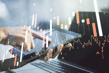 Poster - Multi exposure of abstract creative financial graph with world map and finger presses on a digital tablet on background, forex and investment concept