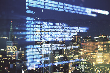 Poster - Abstract virtual coding concept on San Francisco skyline background. Multiexposure