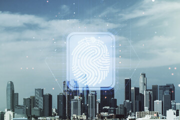 Fototapete - Multi exposure of virtual graphic fingerprint sketch on Los Angeles cityscape background fingerprint scan data concept
