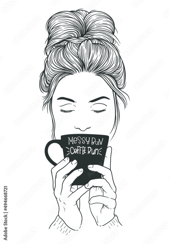 Women with messy bun hairstyles with two hands holding a cup of coffee ...