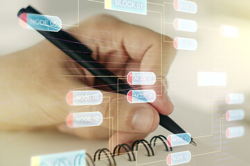 Poster - abstract creative coding illustration with man hand writing in diary on background, software develop