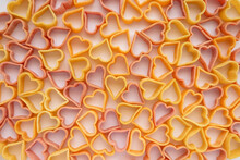 background, carbohydrate, closeup, concept, cooking, Pasta hearts shaped . Top view on white background. Diet, love and foot concept . Copy space. Dried pasta in heart shape.