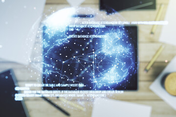 Aufkleber - Double exposure of abstract creative programming illustration with world map and modern digital tablet on background, big data and blockchain concept