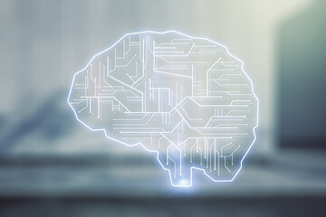 Poster - Virtual creative artificial Intelligence hologram with human brain sketch on blurry modern office building background. Multiexposure
