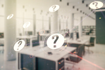 Aufkleber - Double exposure of abstract virtual question mark hologram on modern corporate office background. Sociology and psychology concept