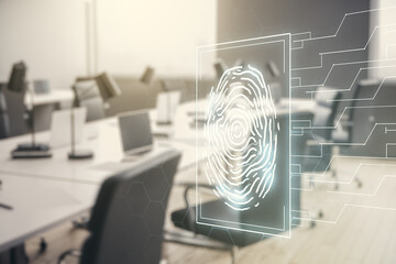Poster - Multi exposure of virtual abstract fingerprint illustration on a modern furnished office background, digital access concept