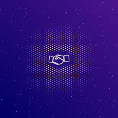 Poster - A large white contour handshake symbol in the center, surrounded by small dots. Dots of different colors in the shape of a ball. Vector illustration on dark blue gradient background with stars