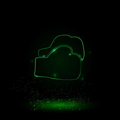 Poster - A large green outline boxing gloves symbol on the center. Green Neon style. Neon color with shiny stars. Vector illustration on black background