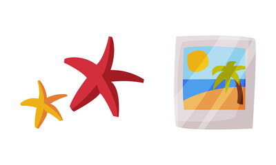 Poster - Starfish and photo from holidays on seaside. Travel and summer vacation objects cartoon vector illustration