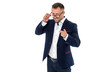 © A Stock Studio - Business man in glasses smiles and points forward with his finger. isolated on white background.