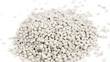 Secondary granule made of polypropylene, white Plastic pellets crumbles to the table. Plastic raw materials in granules for industry. Polymer resin. Raw plastic recycling concept