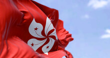 Detail Of The Civil Flag Of Hong Kong Waving In The Wind On A Clear Day.