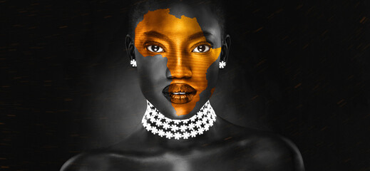 an africa symbol image on the beautiful african face of a young woman