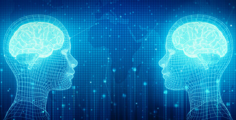 Poster - Modern Machine Learning and Artificial Intelligence Technology Abstract Background. Futuristic Robots connecting through artificial intelligence