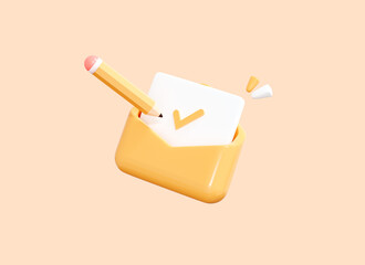 Fototapete - 3D Check mark icon in letter envelope  with pen. Confirmed document or email. Approved Paper. Realistic cartoon icon elements isolated on background. Yellow. 3D Rendering