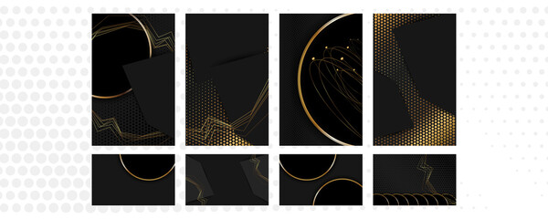 Set universal version of the basis for a Wedding or Christmas gold elements dots circles and lines design black background abstract shiny color golden