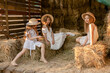 © nazarovsergey - Friendly preteen girls sitting on haystack in hayloft on summer day