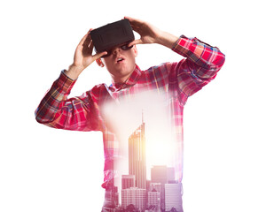 Wall Mural - Guy wearing checked shirt and virtual mask demonstrating shock or surprise