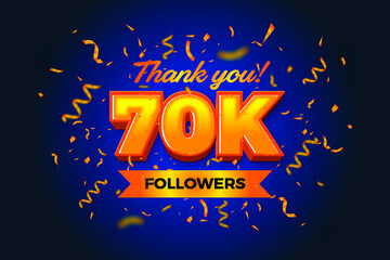 Thank you 70K follower, social media template design, 3d typography with confetti isolation background, Vector