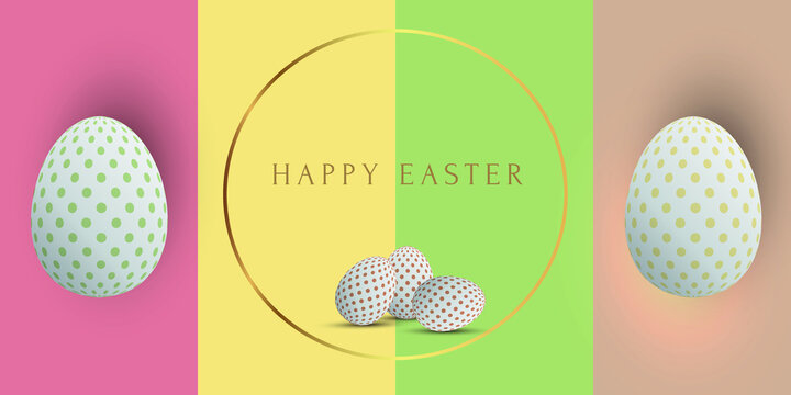 Easter panoramic greeting card Template with Spotted eggs on light backgrounds. Text Happy Easter in golden circle. Creative Easter holiday concept with copy space. vector illustration. minimal style
