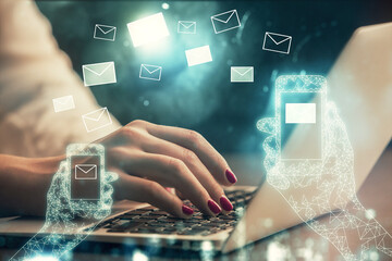 Poster - Double exposure of woman hands typing on computer and flying envelop drawing. E-Mail concept.