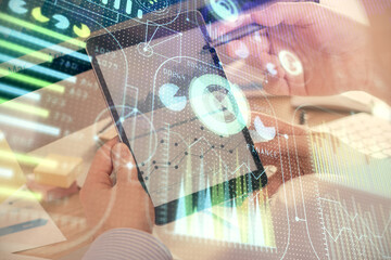 Poster - Multi exposure of man's hands holding and using a digital device and data theme drawing. Innovation concept.