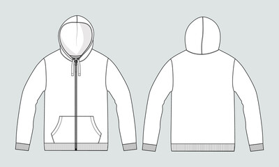 Long sleeve hoodie with Zipper technical fashion Drawing sketch template front and back view. apparel dress design vector illustration mock up jacket CAD. Easy edit and customizable.