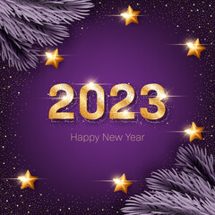 Wall Mural - 2023 New Year card template with golden glittering numbers and pine branches on purple background