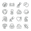Care, support icons set. Help in a difficult life situation, icon collection. Helping hand, heart, keeping alive, hugs. Line with editable stroke