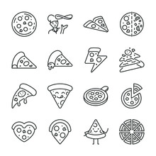 Pizza Icons Set. Cooking, Different Shapes, Slices Of Pizza, Icon Collection. Line With Editable Stroke