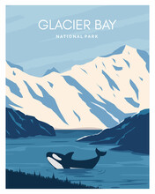 Glacier Bay National Park Landscape Travel To United States Of America. Vector Background Illustration Suitable For Art Print, Travel Poster, Postcard, Greeting Card, Greeting Card, Banner