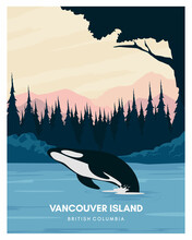 Vancouver Island Illustration Background. Travel To Canada. Suitable For Poster, Card, Art Print. Vector Landscape With Colored Style.