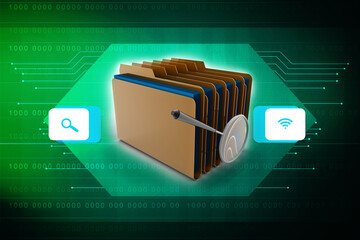 Poster - laptop folder and magnify glass 3d illustration