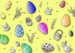 Easter eggs, rabbit, catkin, basket, chicken, yellow background, full edit vector