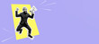 © San4ezz007 - Funny portrait of an emotional jumping guy with a megaphone. Collage in magazine style. Flyer with trendy colors, advertising copy space. Discount, sale season. Propaganda concept. Attention news!