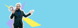 © San4ezz007 - Funny portrait of an emotional jumping guy with a megaphone. Collage in magazine style. Flyer with trendy colors, advertising copy space. Discount, sale season. Propaganda concept. Attention news!