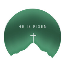 Vector Illustration On The Theme Of Easter And Good Friday. Religious Banner With The Cross On Mount Calvary On Abstract Background With Words He Is Risen, Celebrate The Resurrection